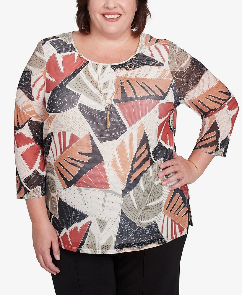 Alfred Dunner Plus Natural Instinct Tropical Mesh Top with Necklace