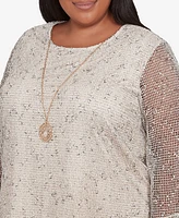 Alfred Dunner Plus Natural Instinct Popcorn Mesh Speckled Top with Necklace