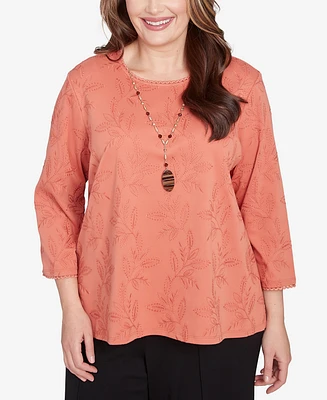 Alfred Dunner Plus Natural Instinct Solid Leaf Embroidered Top with Necklace