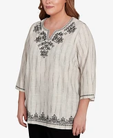 Alfred Dunner Plus Natural Instinct Textured Medallion Embroidered Top