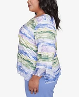 Alfred Dunner Plus Santa Fe Watercolor Biadere Striped Crew Neck Top