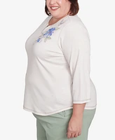 Alfred Dunner Plus Santa Fe Asymmetric Butterfly Floral Embroidered Top