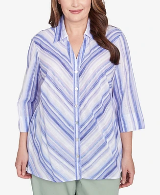 Alfred Dunner Plus Santa Fe Mitered Iris Stripe Collared Button Down Top