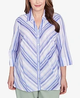 Alfred Dunner Plus Santa Fe Mitered Iris Stripe Collared Button Down Top