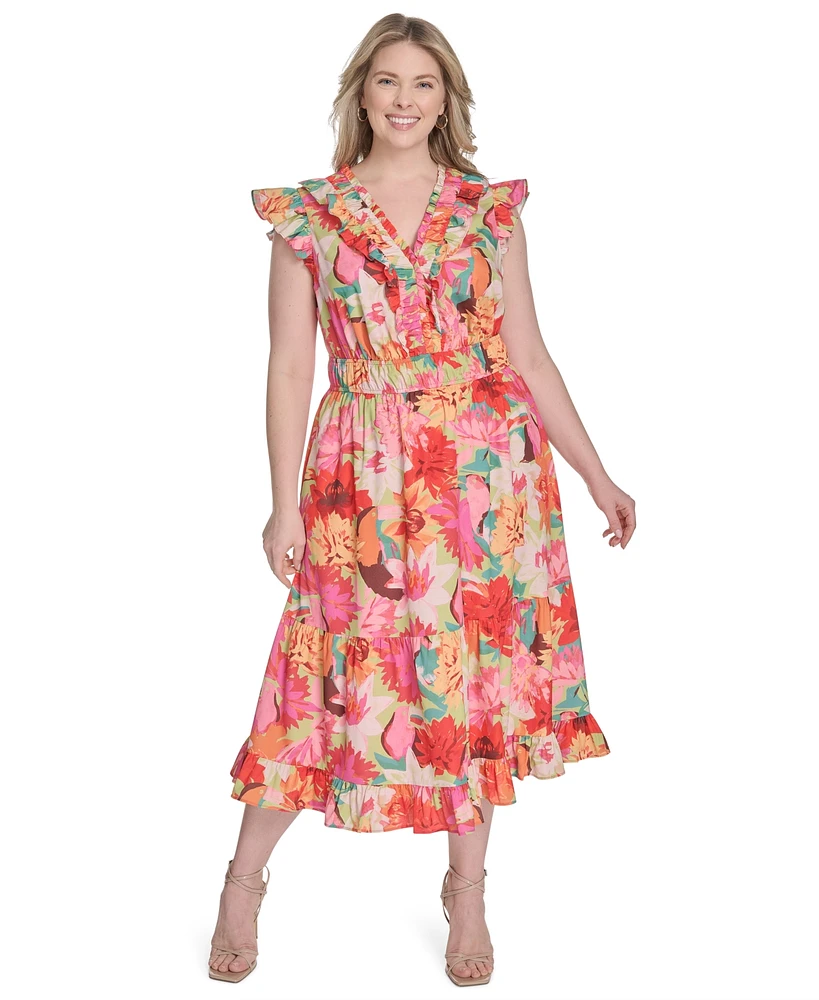 Vince Camuto Plus Printed Ruffle Flutter-Sleeve Tiered Midi Dress