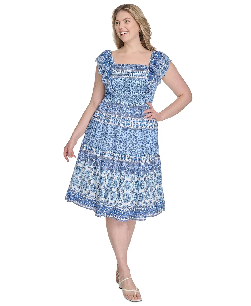 Eliza J Plus Printed Square-Neck Cap-Sleeve Dress