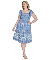 Eliza J Plus Printed Square-Neck Cap-Sleeve Dress