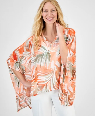 Kasper Women's V-Neck Printed Chiffon Poncho
