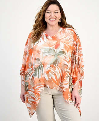 Kasper Plus Floral-Print V-Neck Dolman-Sleeve Poncho Top