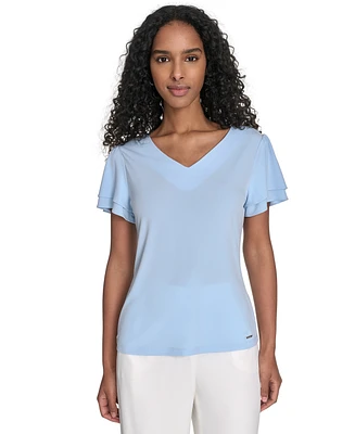 Calvin Klein Women's Solid V-Neck Flutter-Sleeve Top