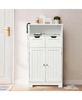 Gymax Bathroom Floor Cabinet Wooden Storage Organizer Side Cabinet W/2 Drawer 2 Doors