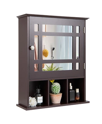 Gymax Mirrored Medicine Cabinet Bathroom Wall Mounted Storage W/Adjustable Shelf Brown