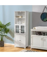 Gymax Bathroom Tall Storage Cabinet Linen Tower w/ Glass Door & Adjustable Shelf Grey