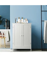 Gymax Bathroom Floor Storage Cabinet Double Door Kitchen Cupboard Shoe Brown