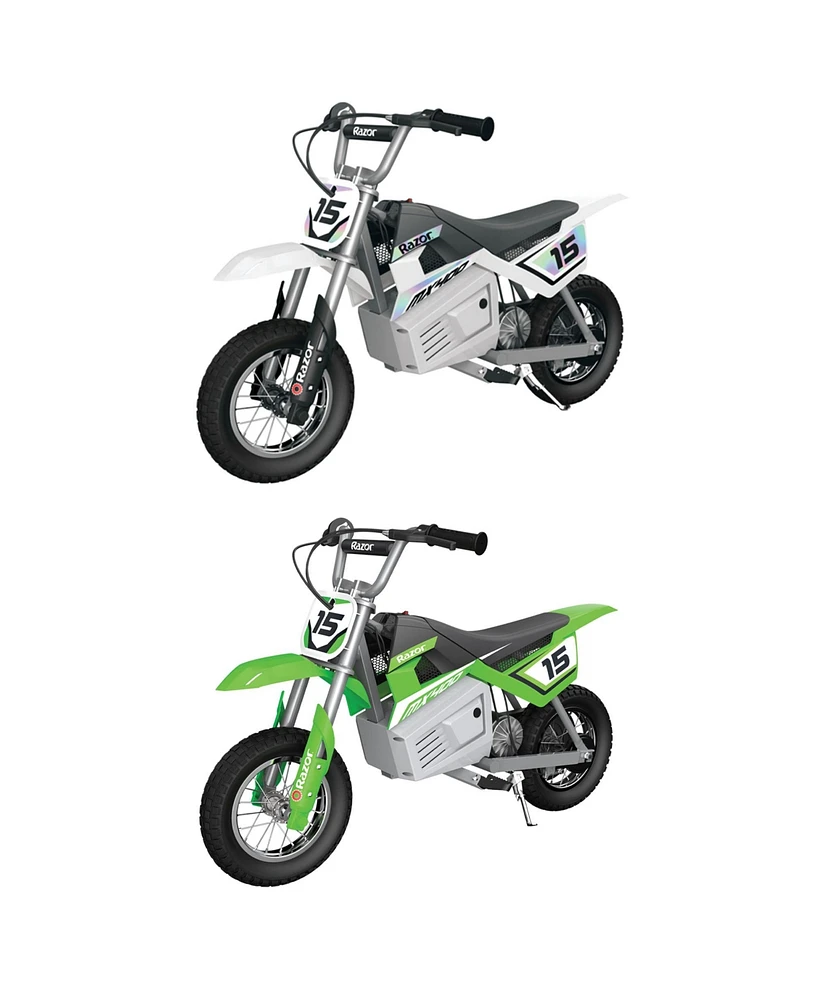 Razor MX400 Dirt Rocket 24V Ride On High-Torque Electric Motocross Motorcycle Toy Dirt Bikes, Speeds up to 14 Mph, for Ages 13+, 1 White & 1 Green