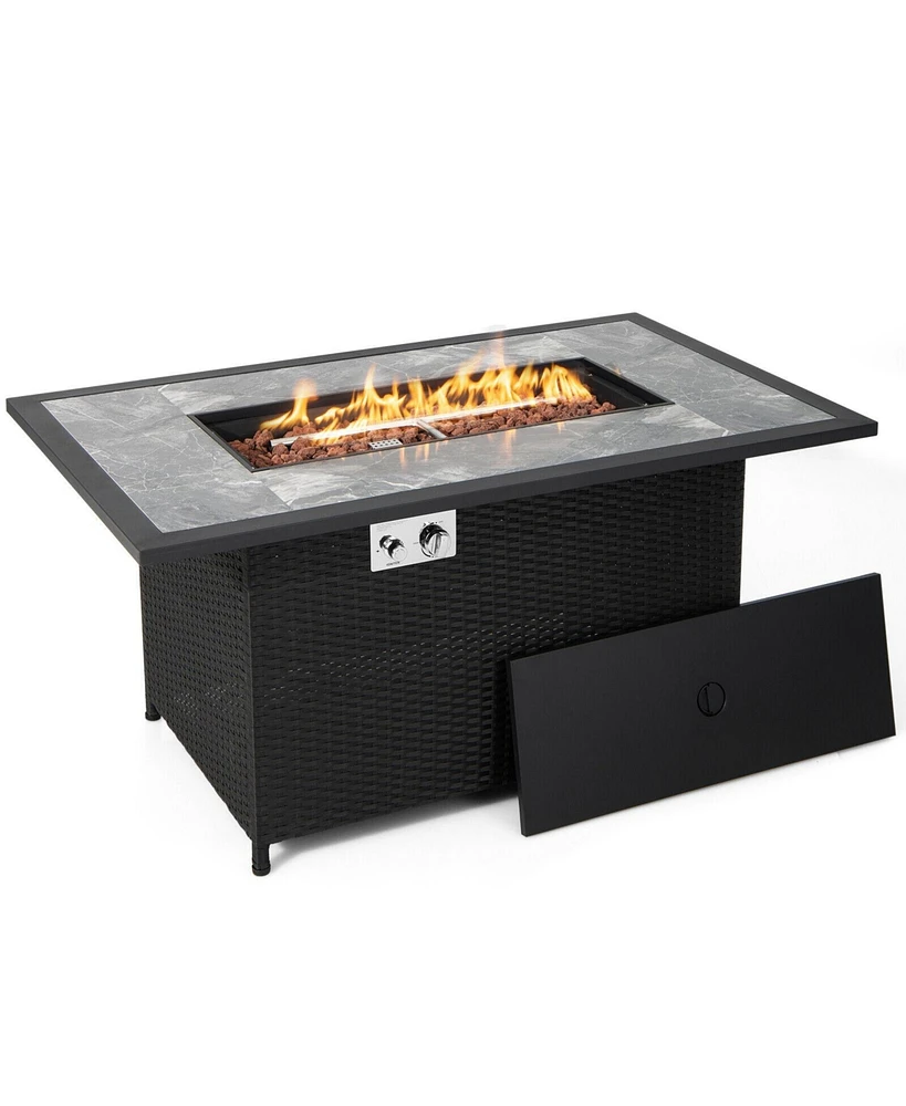 Rattan Wicker Propane Fire Pit Table with Rain Cover and Lava Rock
