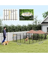 PawHut Dog Kennel Outdoor with Rotating & Adjustable Height Bowls, 2 Rooms