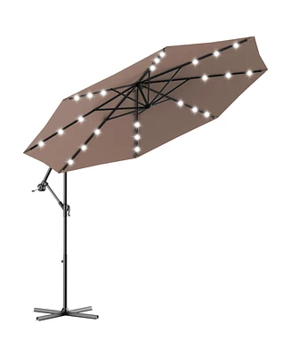 Gymax 10Ft Patio Solar Led Outdoor Offset Hanging Umbrella w/ 24 Lights