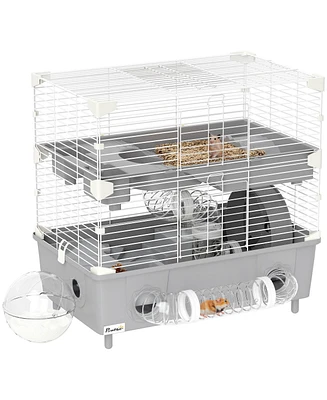 PawHut 2-Tier Hamster Cage, Hamster Habitat with Accessories,