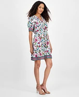 julia jordan Women's Printed Tie-Neck Short-Puff-Sleeve Dresss