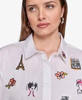 Karl Lagerfeld Paris Plus Cotton Embroidered Camp Shirt