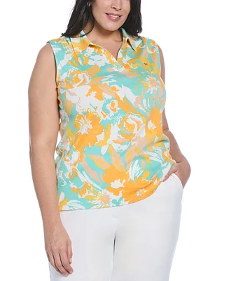 Rafaella Plus Floral Print Ribbed Sleeveless Polo T-Shirt