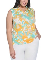 Rafaella Plus Floral Print Ribbed Sleeveless Polo T-Shirt