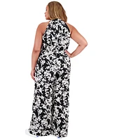 London Times Plus Crisscross Halter Belted Jumpsuit