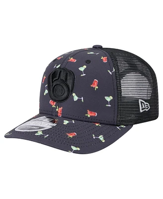 New Era Men's Black Milwaukee Brewers Adventure Drinks Pattern 9SEVENTY Stretch-Snap Hat
