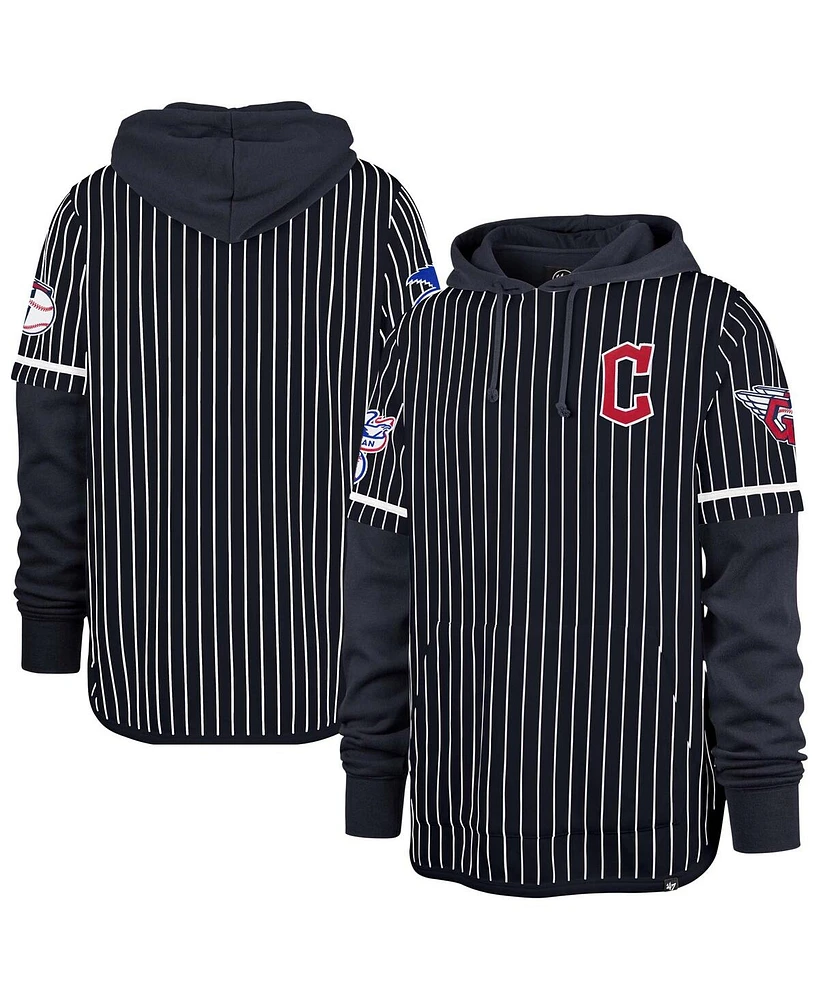 '47 Brand Men's Navy Cleveland Guardians Pinstripe Double Header Pullover Hoodie