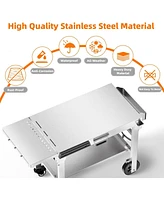 Cowsar Food Grade 304 Stainless Steel Outdoor Grill Table with 4 Swivel Casters, Portable Pizza Oven Table with Hooks, Folding Bbq Grill Cart for Rv/C
