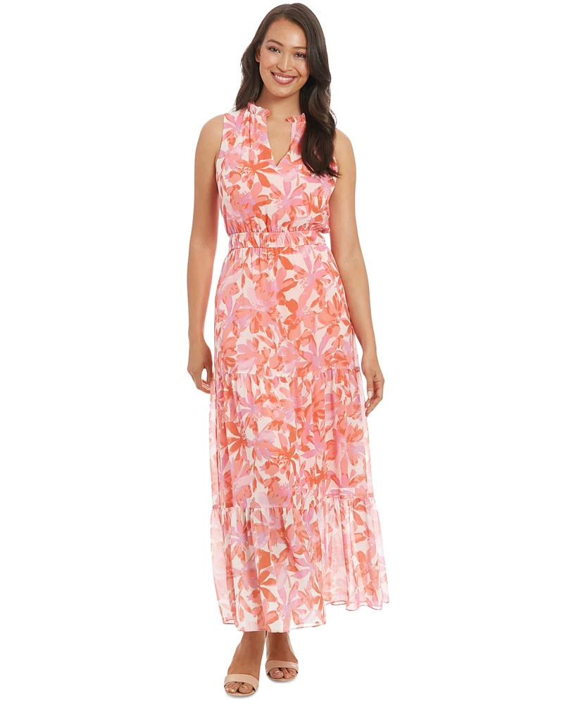 London Times Petite Printed Ruffle-Collar Maxi Dress