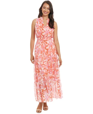 London Times Petite Printed Ruffle-Collar Maxi Dress