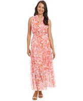 London Times Petite Printed Ruffle-Collar Maxi Dress