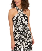 London Times Petite Cross-Neck Tie-Waist Sleeveless Jumpsuit