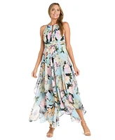 R & M Richards Women's Floral Keyhole Handkerchief-Hem Maxi Dress