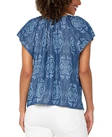 Liverpool Los Angeles Women's Chambray Ikat Split-Neck Top