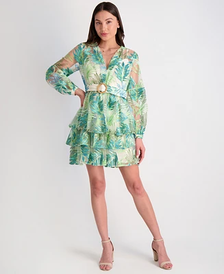 Siena Women's Leaf-Embroidered Mesh Belted Dress