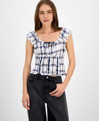 Self Esteem Juniors' Plaid Cap-Sleeve Smocked Top