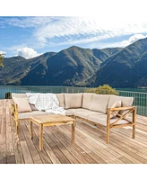 4-Piece Wood Patio Furniture Set - L-Shaped Sectional Outdoor Conversation Light Brown