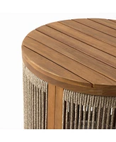 LuxenHome Outdoor Acacia Wood Rope Sides Round Drum Side and End Tables