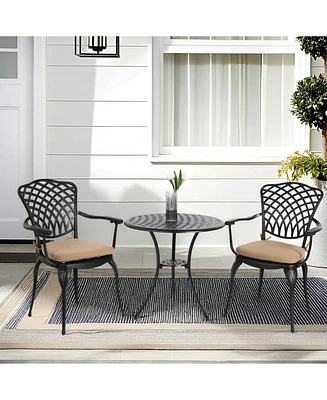 3-Piece Patio Bistro Set: Cast Aluminum Table, 2 Chairs, Umbrella Hole, Cushions (Black)