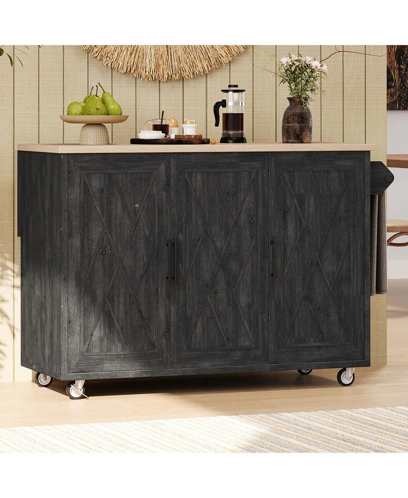 Geometric Twill Kitchen Island with Drop Leaf, Rolling Storage Cart with Towel Rack (Black