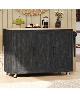 Geometric Twill Kitchen Island with Drop Leaf, Rolling Storage Cart with Towel Rack (Black