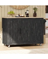 Geometric Twill Kitchen Island with Drop Leaf, Rolling Storage Cart with Towel Rack (Black