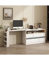 Famapy 47.2 in. L-Shaped White Wood Computer Desk Writing Desk Table Office Workstation W/Moveable Tabletop, Shelves, Drawers