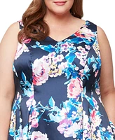 Alex Evenings Plus Printed V-Neck Sleeveless Dress