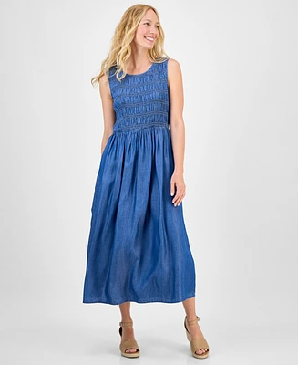 Style & Co Women's Smocked Chambray Midi Dress, Exclusively at Macy's