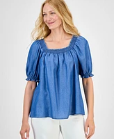Style & Co Women's Chambray Square-Neck Smocked Top, Exclusively at Macy's