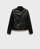 Mango Women's Fitted Zipper Leather Jacket